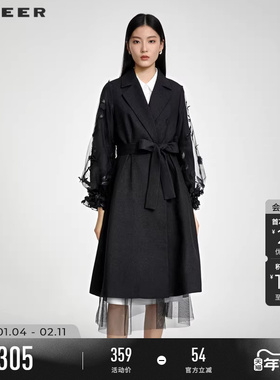 sdeer圣迪奥春装女装西装领收腰网纱绣花长款风衣S231Z1812