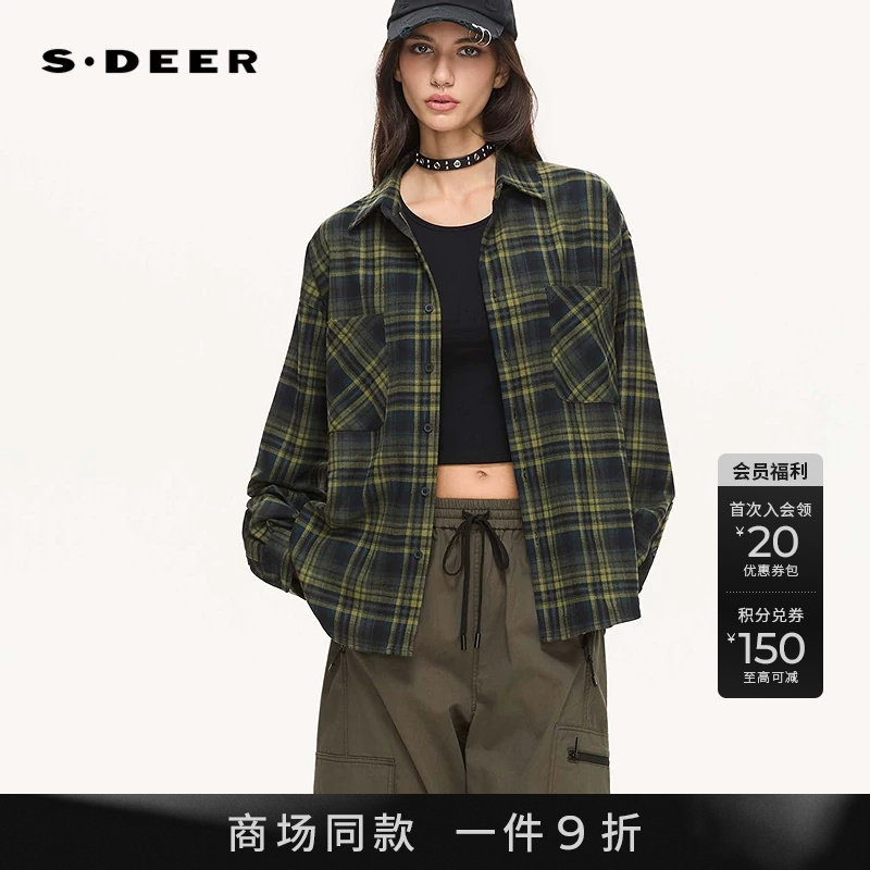 【商场同款】sdeer圣迪奥女26年新品潮酷风翻领格纹印花宽松衬衫