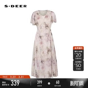 sdeer圣迪奥夏装 V领印花收腰吊带两件套连衣裙S242Z12S3 女装