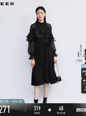 sdeer圣迪奥春秋装女装圆领网纱收腰不规则长袖连衣裙S223Z128U