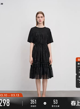 sdeer圣迪奥夏季女装圆领碎褶收腰网纱短袖连衣裙S242Z12K6