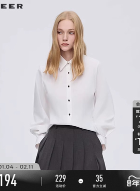 sdeer圣迪奥女装25年新品OL风翻领压褶灯笼袖白色衬衫S253Z0558