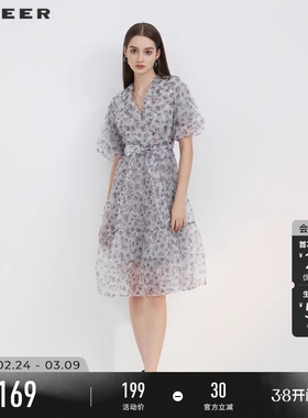 sdeer圣迪奥碎花连衣裙夏季女长裙V领收腰泡泡袖茶歇裙S223Z120E