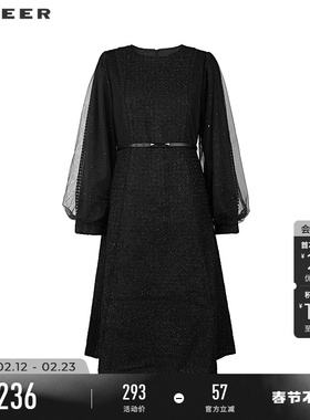 sdeer圣迪奥女装圆领收腰网纱泡泡袖毛呢连衣裙S224Z1283