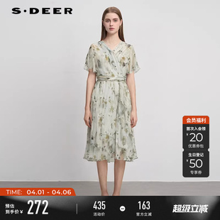 圆领压褶碎花收腰泡泡袖 连衣裙S242Z12M8 女装 sdeer圣迪奥夏季