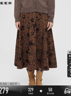 sdeer圣迪奥女装25年新品复古高腰绣花不规则A字伞裙S253Z1107