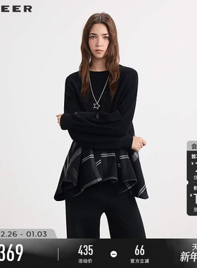 s.deer圣迪奥女装25年新品罗纹圆领撞色格纹宽松针织衫S253Z3521