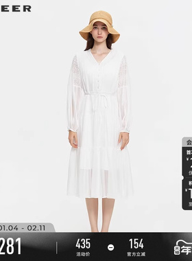 sdeer圣迪奥女装25年新品田园风V领收腰绣花长袖连衣裙S253Z1213