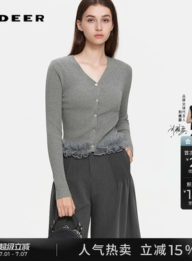 sdeer圣迪奥女装秋装罗纹V领网纱拼接开衫针织衫S253Z3515