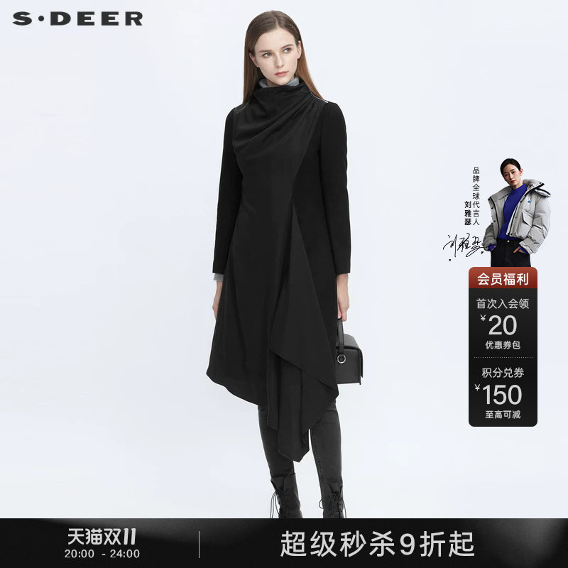 sdeer圣迪奥冬季女装休闲立领拼接不规则黑色毛呢大衣S20481839