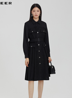 sdeer圣迪奥女装翻领拼接收腰格纹衬衫气质连衣裙春女S231Z1225