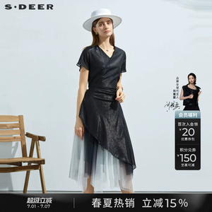 sdeer圣迪奥女装V领收腰网纱撞色短袖连衣裙S23281228