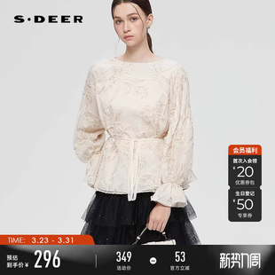 衬衫 圆领绣花网纱收腰灯笼袖 S253Z0576 春秋装 sdeer圣迪奥女装