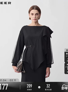 sdeer圣迪奥2025秋装OL风圆领网纱收腰不规则衬衫S243Z0528