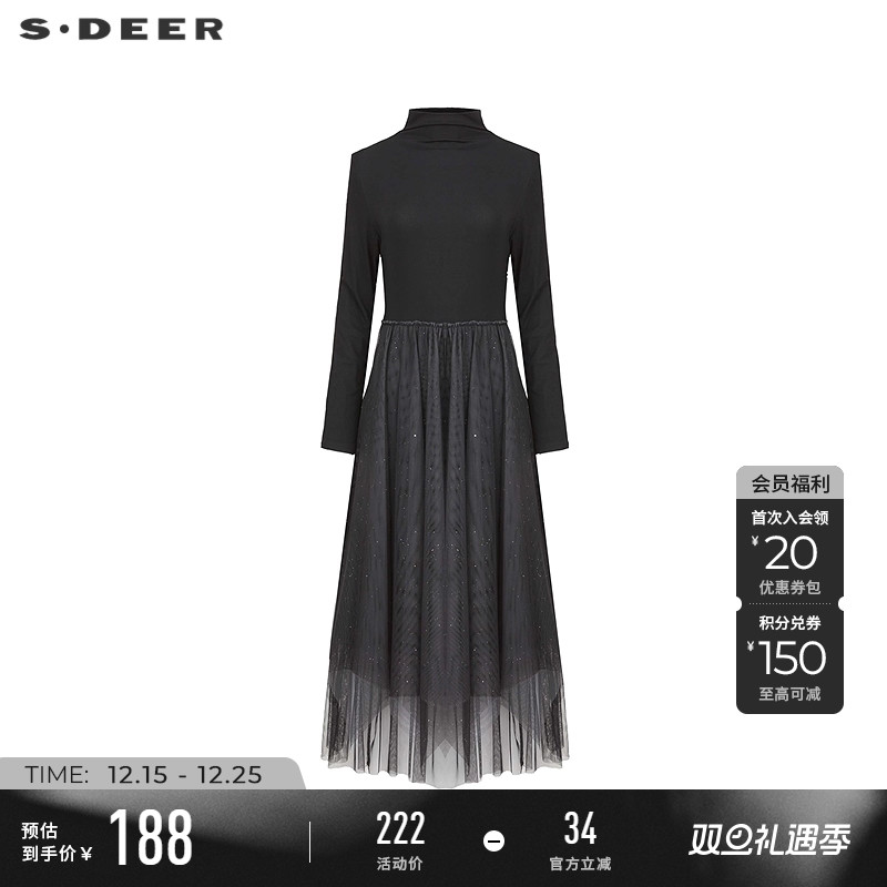 sdeer高领网纱拼接不规则连衣裙