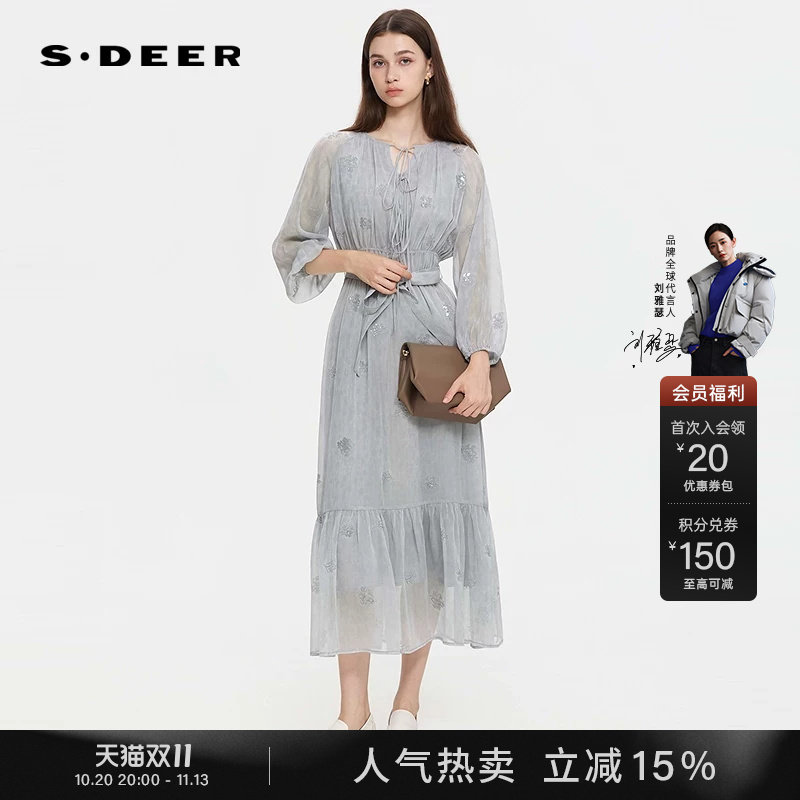sdeer圣迪奥女装秋装复古圆领绣花收腰长袖连衣裙S253Z1258