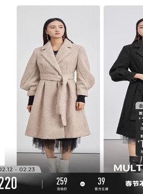 sdeer圣迪奥冬季女装西装领收腰仿羊羔绒长款大衣S224Z2522