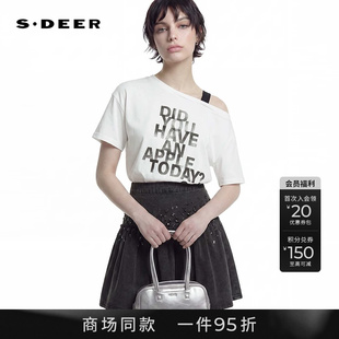 【商场同款】sdeer圣迪奥女装26年新品露肩不规则撞色字母短袖T恤