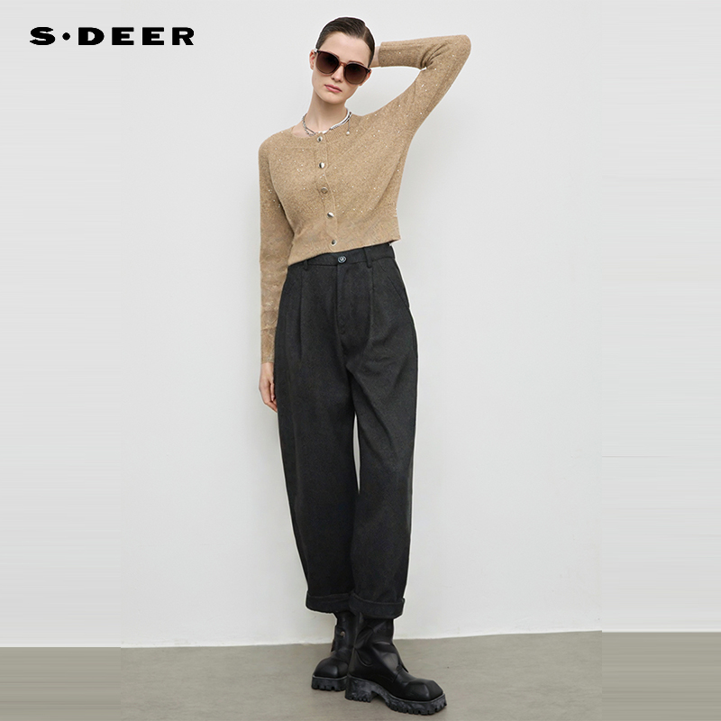 【商场同款】sdeer圣迪奥女OL风高腰插袋毛呢休闲长裤S25480815