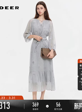 sdeer圣迪奥女装春秋装复古圆领绣花收腰长袖连衣裙S253Z1258