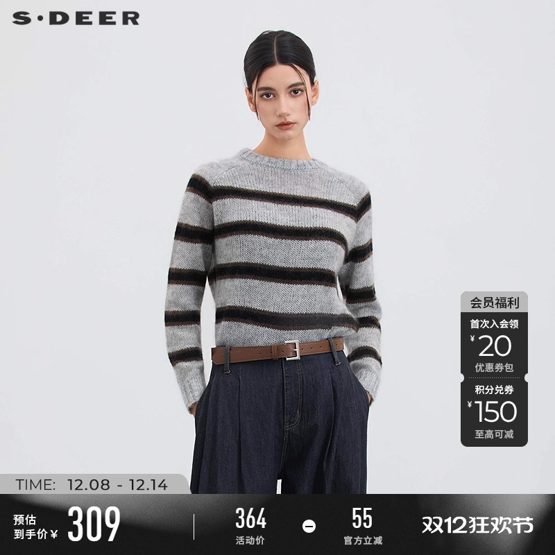 sdeer圆领撞色条纹宽松针织衫