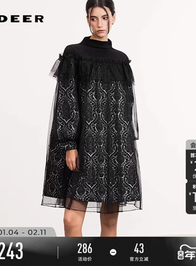 sdeer圣迪奥冬装女装半高领网纱抽褶印花连衣裙S244Z12A4