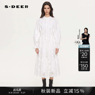 sdeer圣迪奥女装2026秋装新款田园风圆领绣花收腰长袖连衣裙