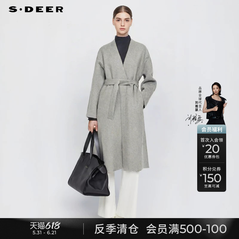 sdeer圣迪奥冬装女装OL风V领收腰绵羊毛双面呢宽松大衣S244Z2503
