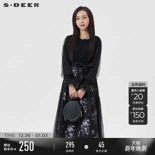 sdeer圣迪奥春秋装 圆领印花撞色网纱收腰连衣裙S241Z1208 女装