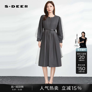 sdeer圣迪奥秋装女装V领风琴褶收腰网纱连衣裙S233Z12AY