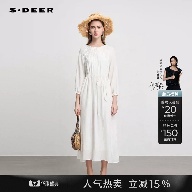 sdeer圣迪奥女装复古圆领肌理收腰长袖莱赛尔白色连衣裙S243Z1279