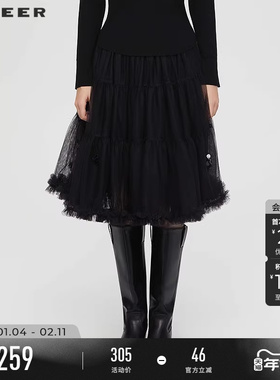 sdeer圣迪奥女装25年新品复古松紧高腰网纱碎褶A字短裙S253Z1306