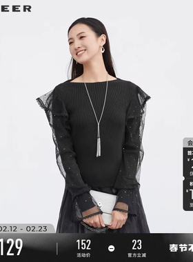 sdeer圣迪奥春秋装女装罗纹圆领蕾丝网纱长袖针织衫S223Z3527
