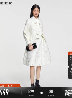 sdeer圣迪奥春装女装小香风圆领灯笼袖收腰长款风衣S231Z2504