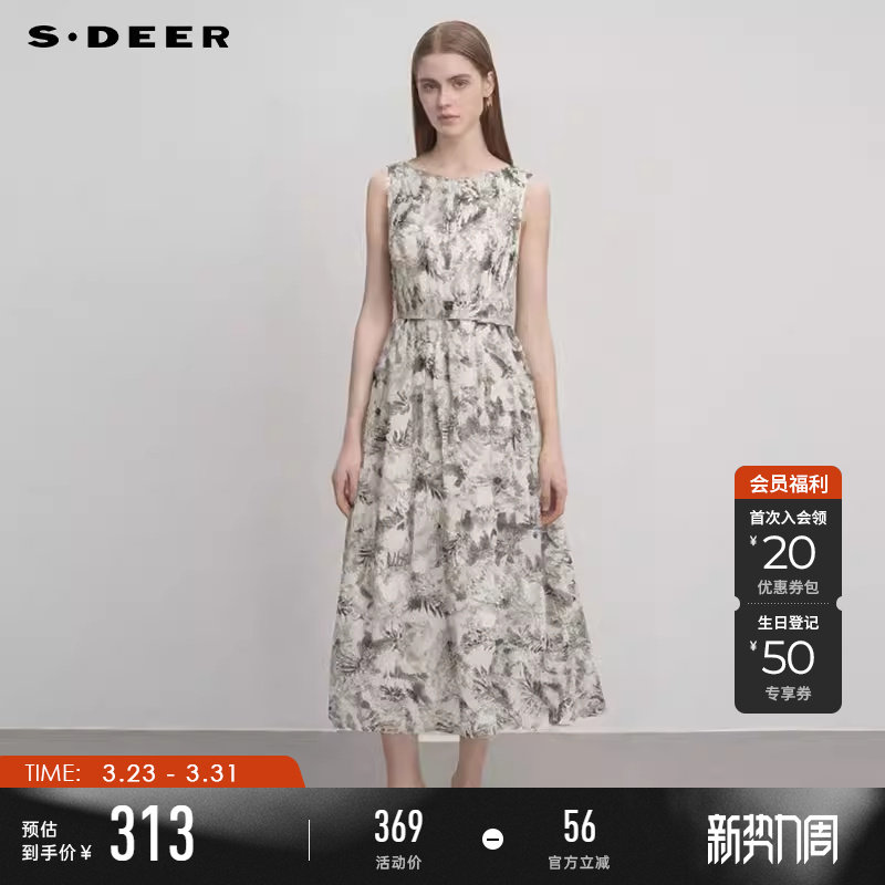 sdeer圣迪奥夏装女装复古圆领印花收腰无袖连衣裙S242Z12T3