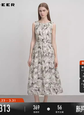 sdeer圣迪奥夏装女装复古圆领印花收腰无袖连衣裙S242Z12T3