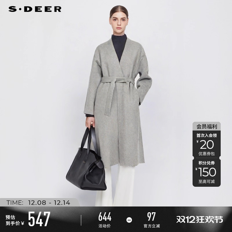 sdeerOL风V领收腰双面呢宽松大衣