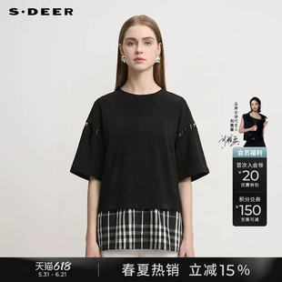 sdeer圣迪奥夏季女装时尚圆领撞色格纹拼接短袖T恤S252Z0107