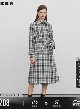 sdeer圣迪奥秋冬装女装翻领收腰撞色格纹毛呢大衣S224Z2525