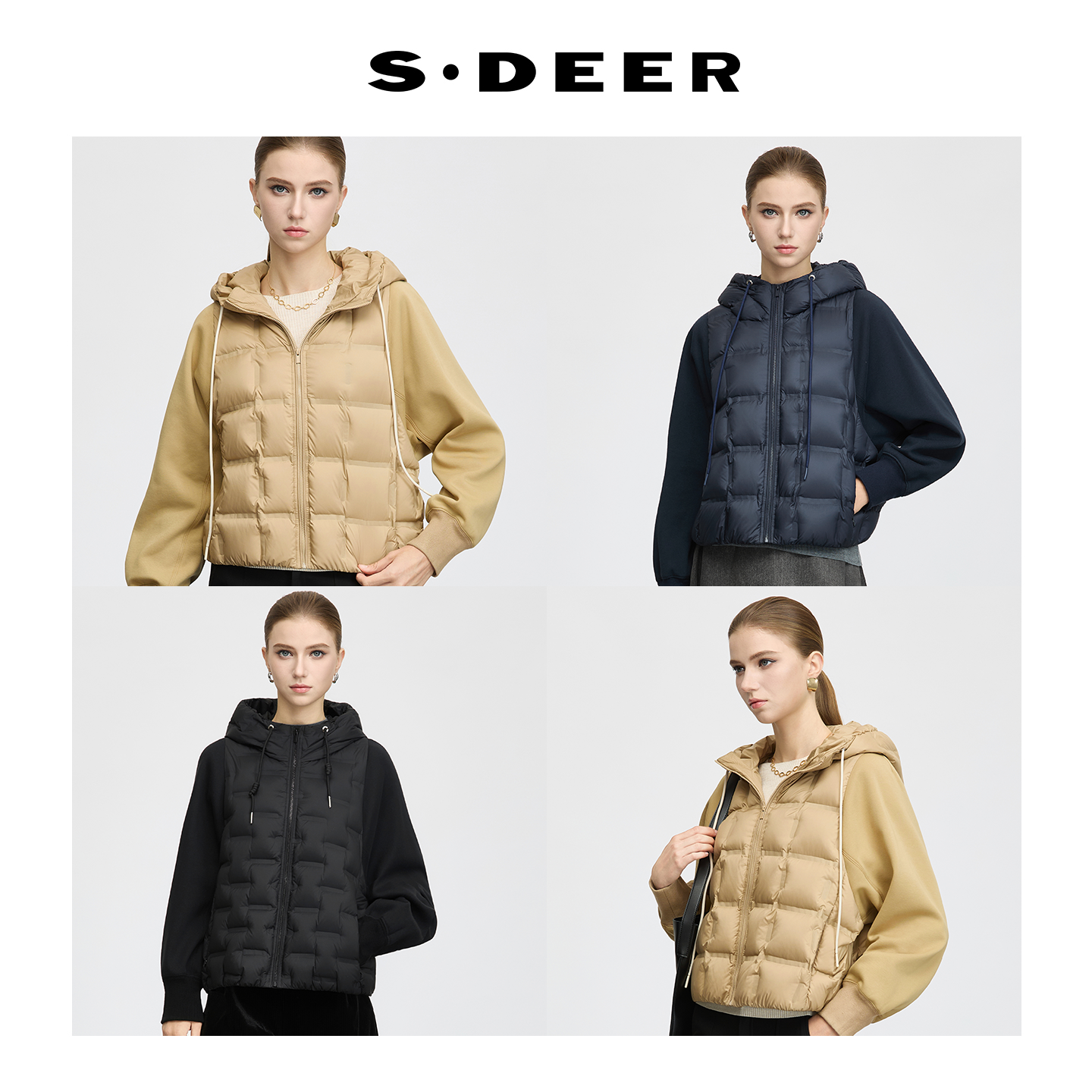 sdeer高领连帽拼接轻薄羽绒服