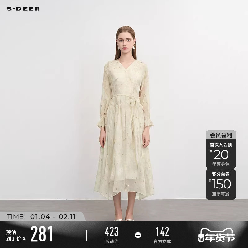 sdeer圣迪奥春秋装女装复古V领收腰印花不规则连衣裙S243Z1216,女装/女士精品,连衣裙,淘宝优惠券,粉丝福利购,淘宝优惠卷
