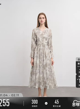 sdeer圣迪奥秋装女装复古V领压褶收腰印花连衣裙S243Z1258