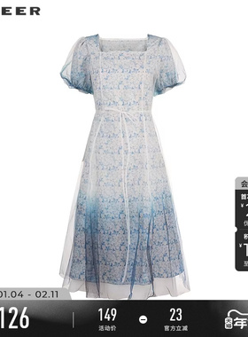 sdeer圣迪奥女装方领碎花收腰网纱泡泡袖连衣裙S223Z12Z7