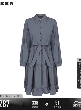 sdeer圣迪奥春装女装甜美翻领收腰碎褶衬衫连衣裙S241Z12B7