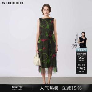 sdeer圣迪奥夏季女装圆领收腰网纱印花无袖连衣裙S24281239