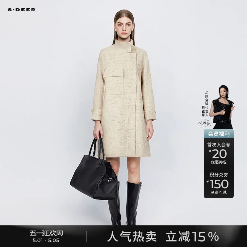 sdeer圣迪奥秋冬季女装复古立领不对称条纹宽松风衣S244Z1803