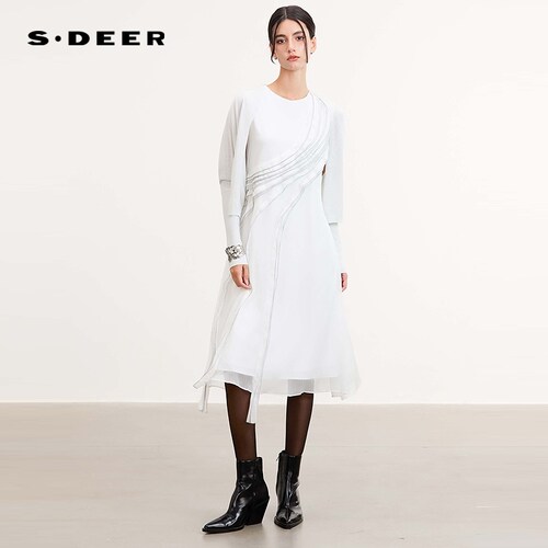 s.deer圆领收腰雪纺开衫连衣裙套