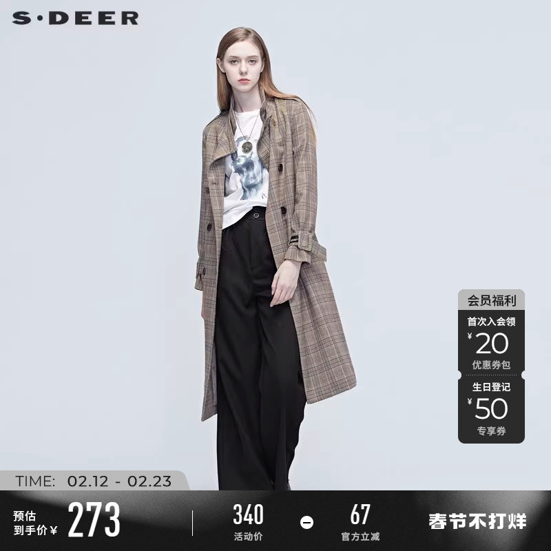 sdeer圣迪奥女装春秋装时尚格纹拼接收腰长款风衣外套S20381820