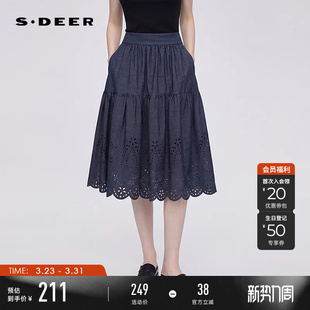 sdeer圣迪奥女装 休闲松紧拼接镂空绣花A字短裙S252Z1315 夏装