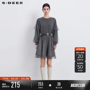 sdeer圣迪奥春秋装 圆领格纹网纱拼接卫衣连衣裙S233Z12S9 女装